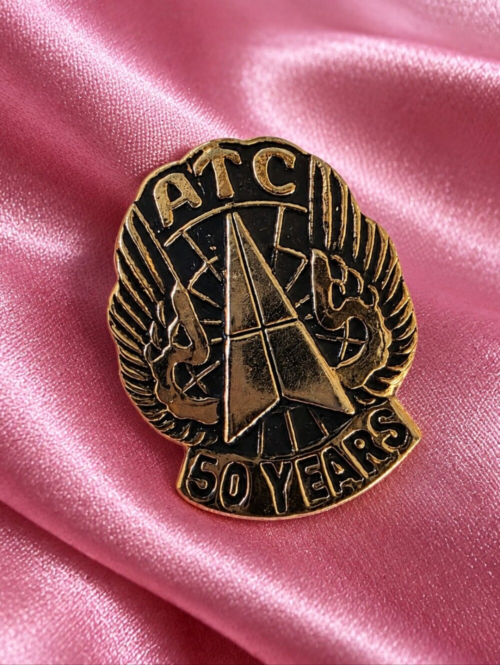 Vintage ATC 50 Years Service Award Pin Gold Tone Black Enamel Aviation History